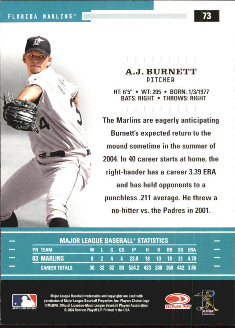 2004 Throwback Threads #73 A.J. Burnett back image
