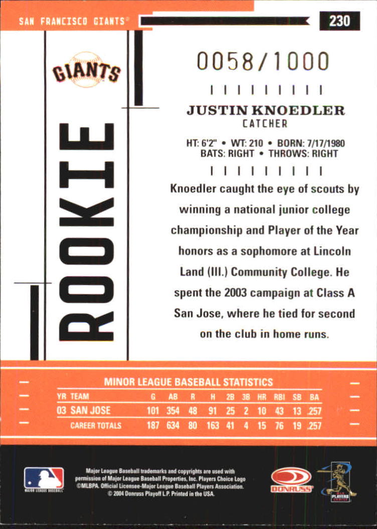 2004 Throwback Threads #230 Justin Knoedler ROO RC back image
