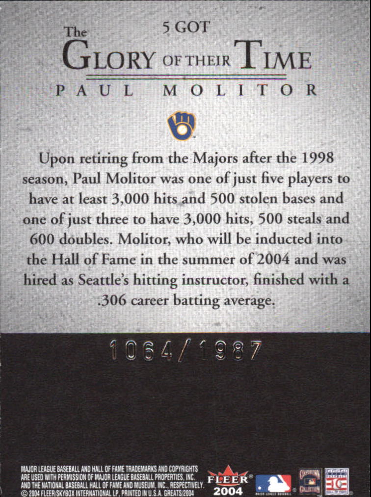 2004 Greats of the Game Glory of Their Time #5 Paul Molitor/1987 back image