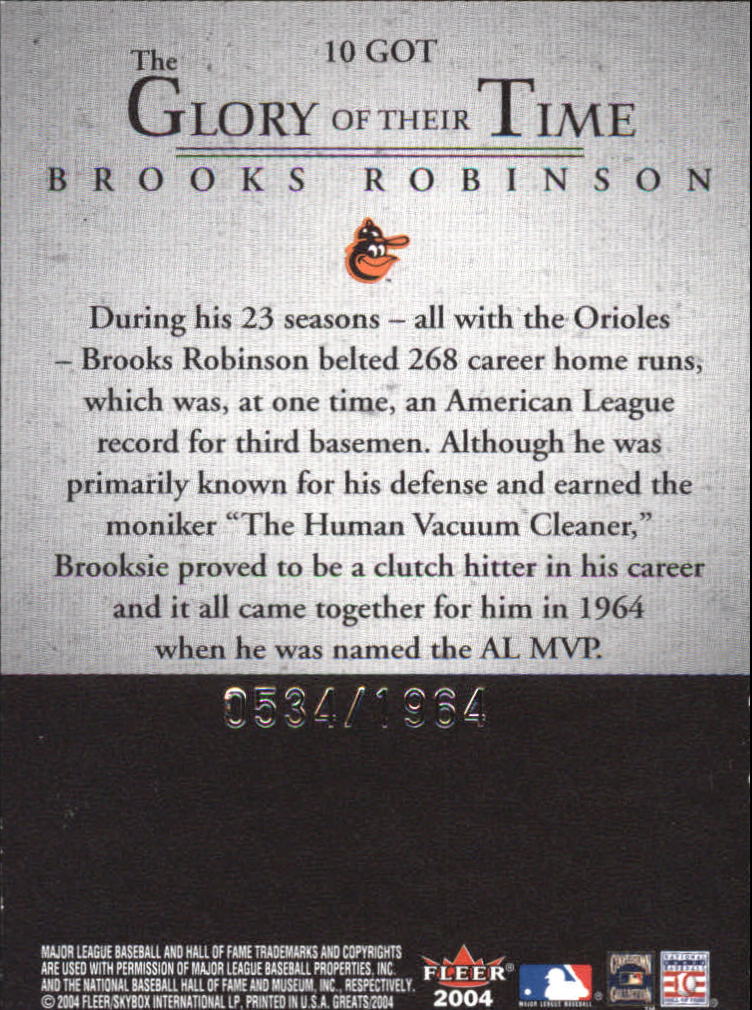 2004 Greats of the Game Glory of Their Time #10 Brooks Robinson/1964 back image