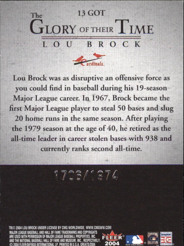 2004 Greats of the Game Glory of Their Time #13 Lou Brock/1974 back image