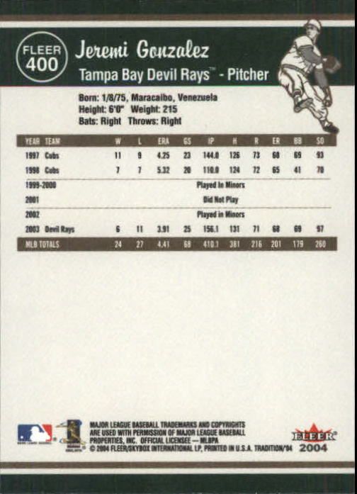 2004 Fleer Tradition Baseball "Main Set" Base Cards #251 to #500 - Picture 265 of 361