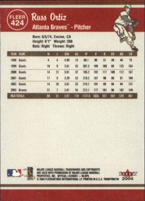 2004 Fleer Tradition Baseball "Main Set" Base Cards #251 to #500 - Picture 293 of 361