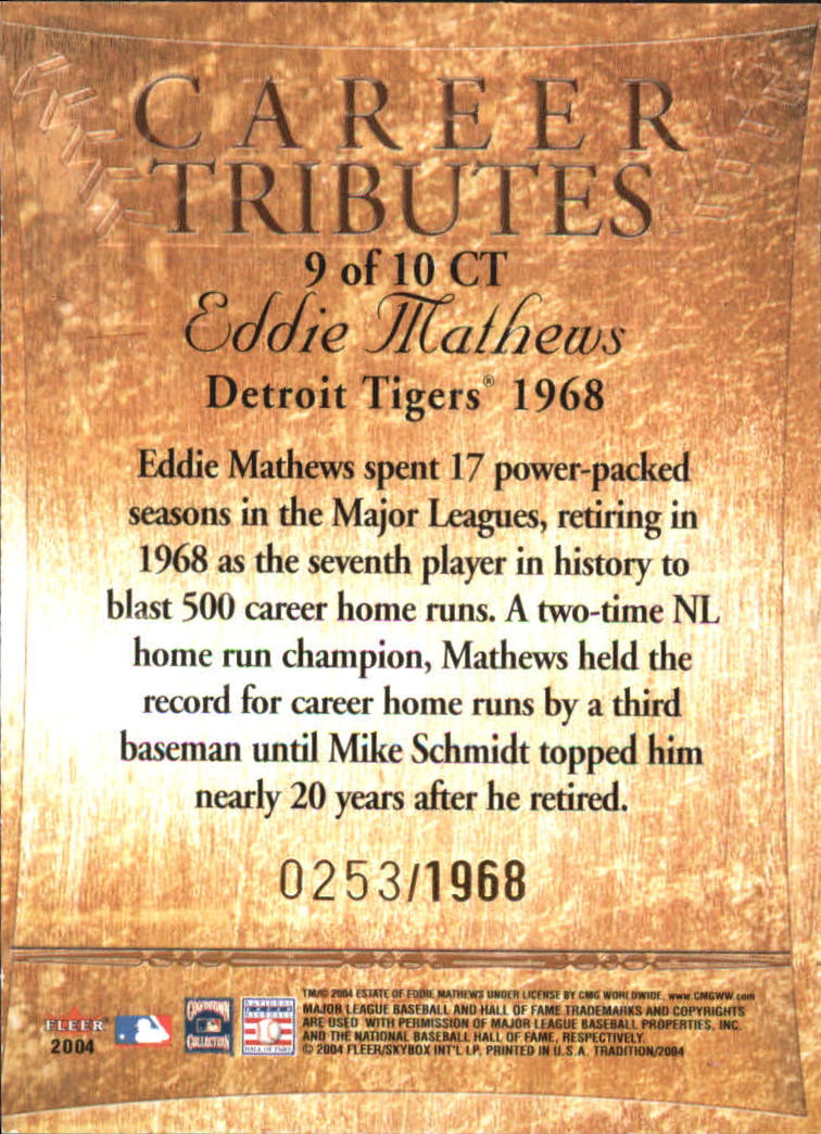 2004 Fleer Tradition Career Tributes #9 Eddie Mathews/1968 back image