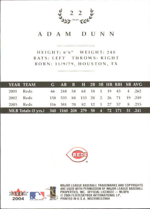 2004 Fleer InScribed #22 Adam Dunn back image