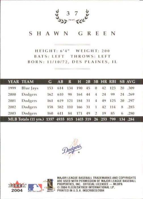2004 Fleer InScribed #37 Shawn Green back image
