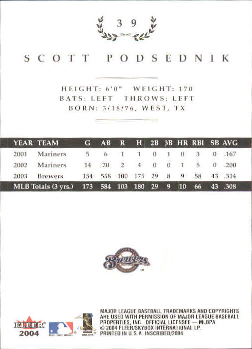 2004 Fleer InScribed #39 Scott Podsednik back image
