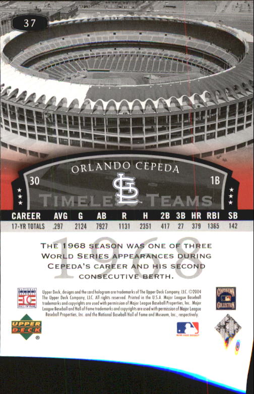 2004 UD Legends Timeless Teams #37 Orlando Cepeda 68 back image