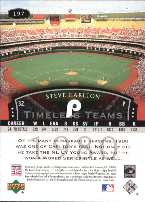 2004 UD Legends Timeless Teams #197 Steve Carlton 80 back image