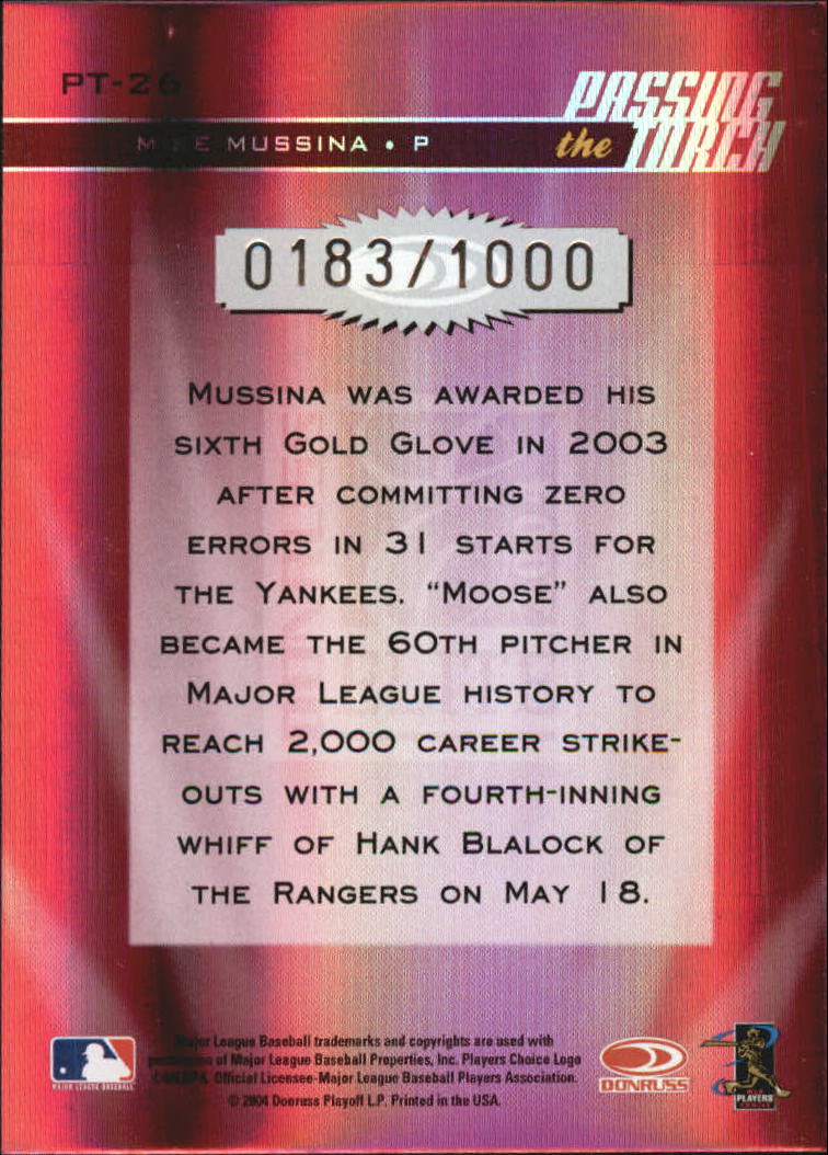2004 Donruss Elite Passing the Torch #26 Mike Mussina back image