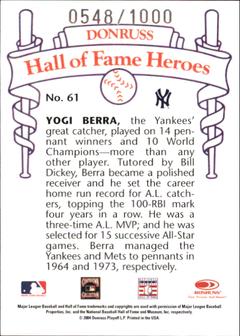 2004 Diamond Kings HOF Heroes #26 Yogi Berra #61/1000 back image
