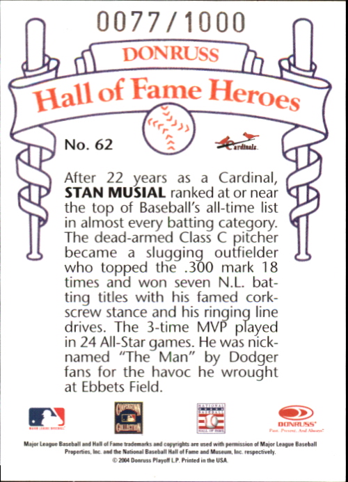 2004 Diamond Kings HOF Heroes #27 Stan Musial #62/1000 back image