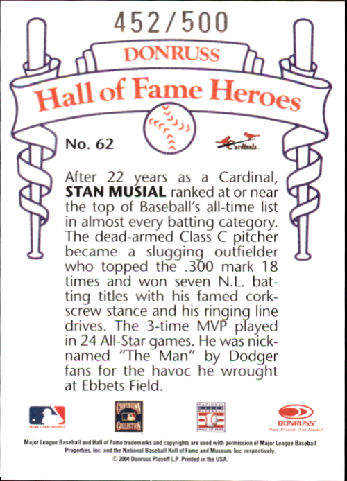 2004 Diamond Kings HOF Heroes #28 Stan Musial #62/500 back image