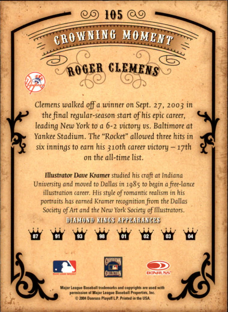 2004 Diamond Kings #105 Roger Clemens back image