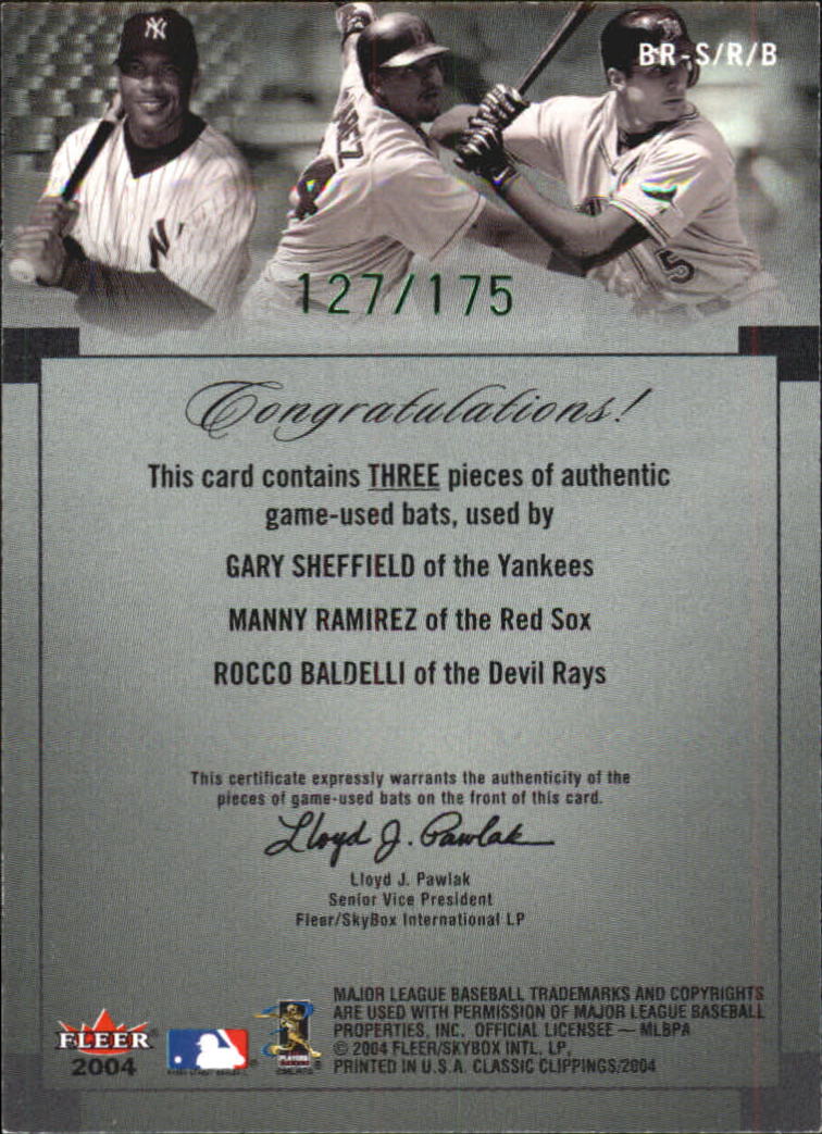 2004 Classic Clippings Bat Rack Triple Green #SRB Gary Sheffield/Manny Ramirez/Rocco Baldelli back image
