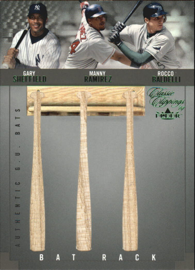 2004 Classic Clippings Bat Rack Triple Green #SRB Gary Sheffield/Manny Ramirez/Rocco Baldelli