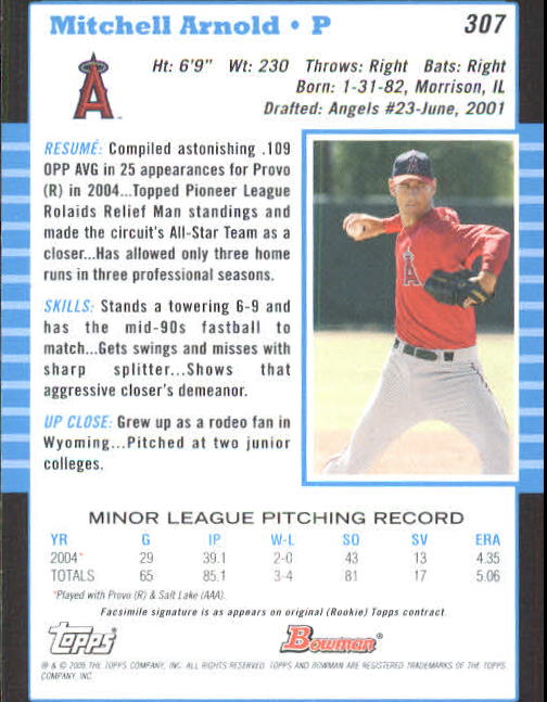 2005 Bowman #307 Mitchell Arnold FY RC back image