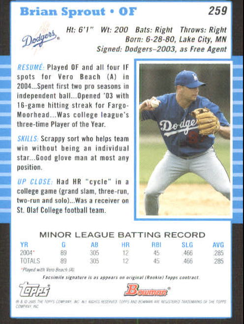 2005 Bowman 1st Edition #259 Brian Sprout FY back image