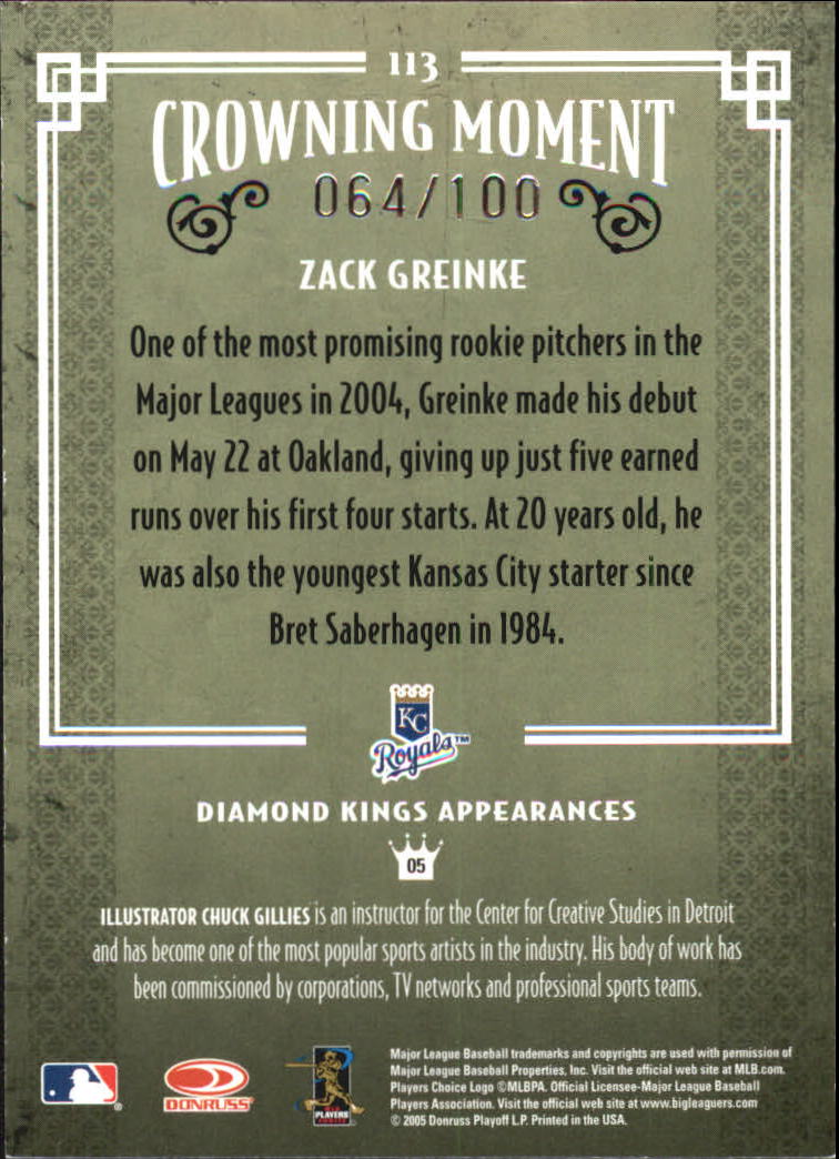 2005 Diamond Kings Framed Blue #113 Zack Greinke back image