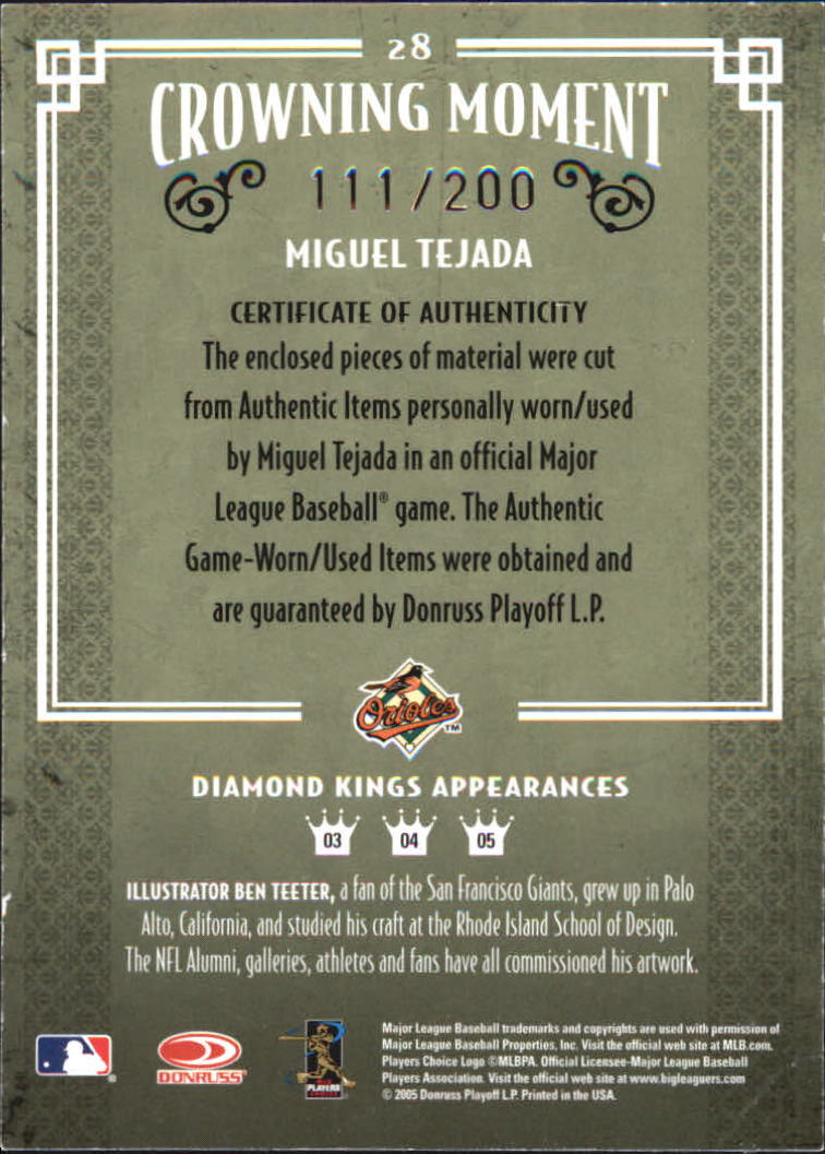 2005 Diamond Kings Materials Bronze #28 Miguel Tejada Bat-Jsy/200 back image