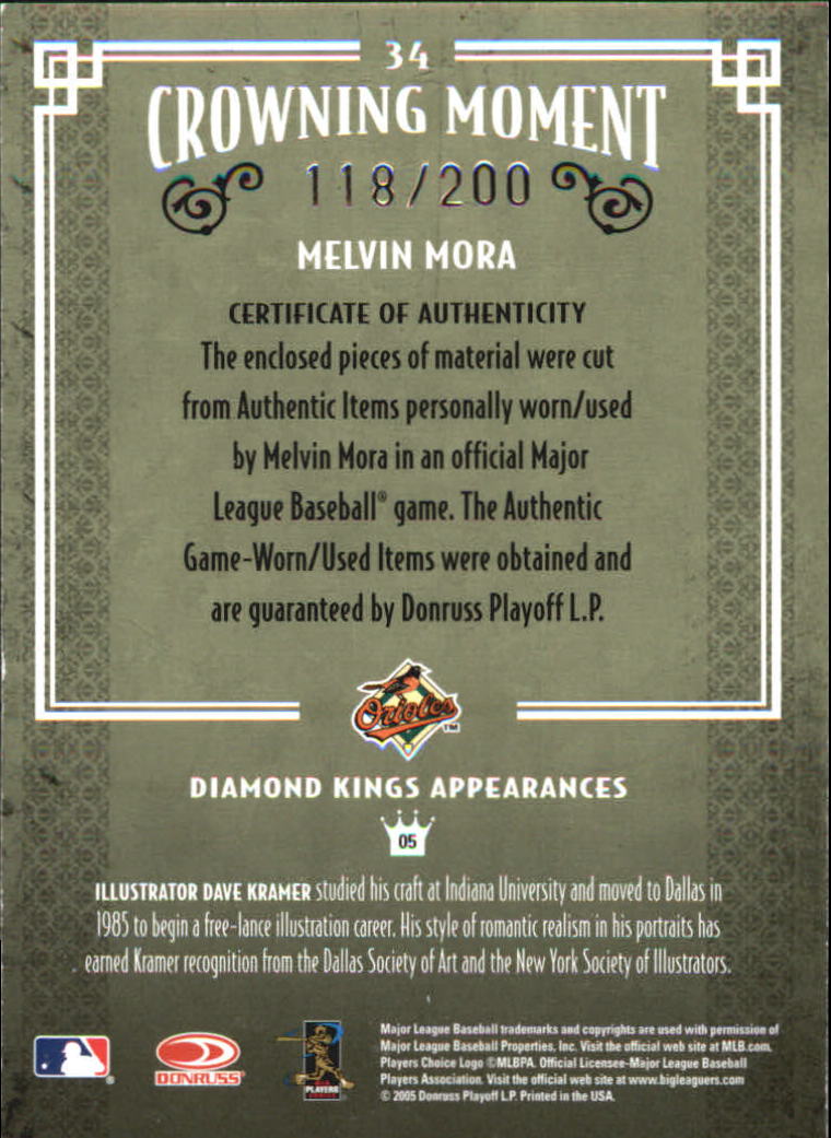 2005 Diamond Kings Materials Bronze #34 Melvin Mora Bat-Jsy/200 back image