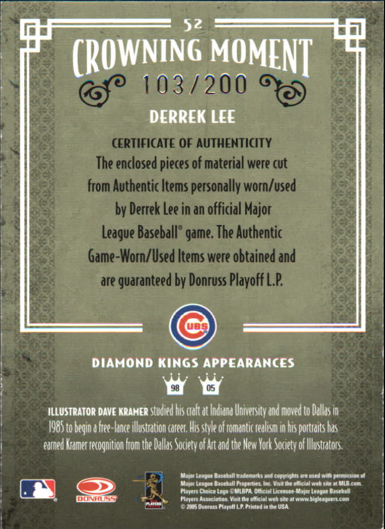 2005 Diamond Kings Materials Bronze #52 Derrek Lee Bat-Bat/200 back image