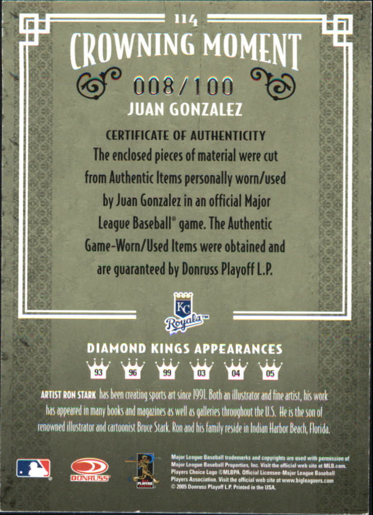 2005 Diamond Kings Materials Bronze B/W #114 Juan Gonzalez Bat-Jsy/100 back image