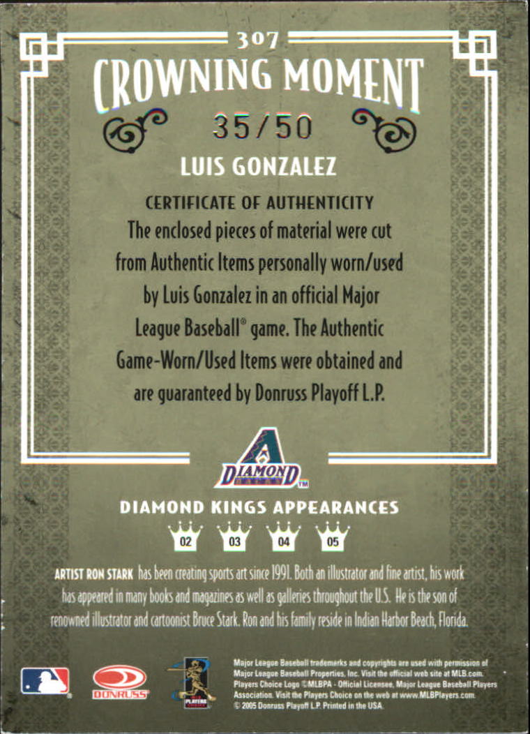 2005 Diamond Kings Materials Gold #307 Luis Gonzalez Bat-Jsy/50 back image