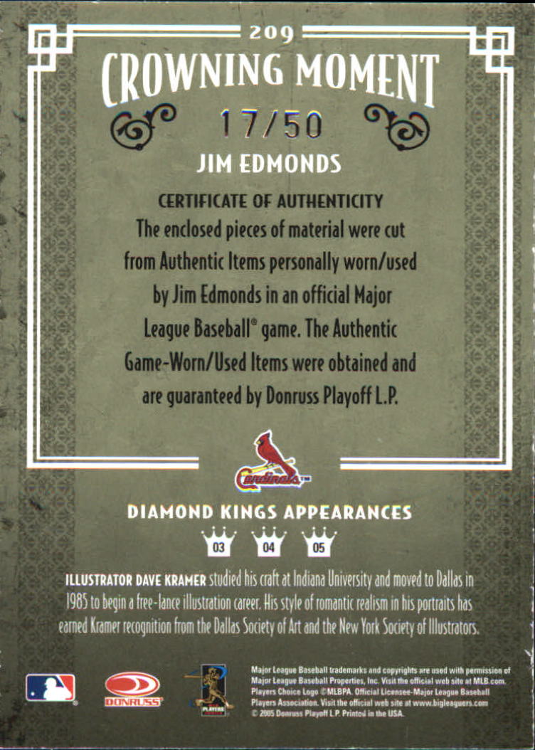 2005 Diamond Kings Materials Gold B/W #209 Jim Edmonds Jsy-Jsy/50 back image