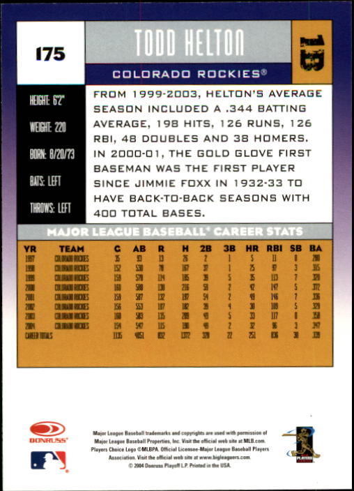 2005 Donruss #175 Todd Helton back image