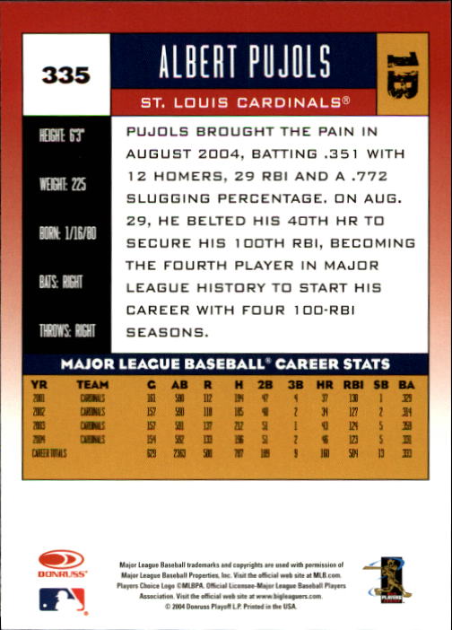 2005 Donruss Baseball Card #335 Albert Pujols