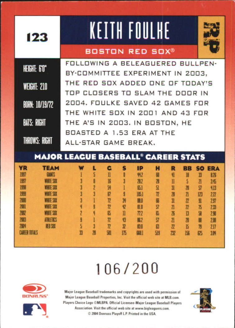 2005 Donruss Press Proofs Red #123 Keith Foulke back image