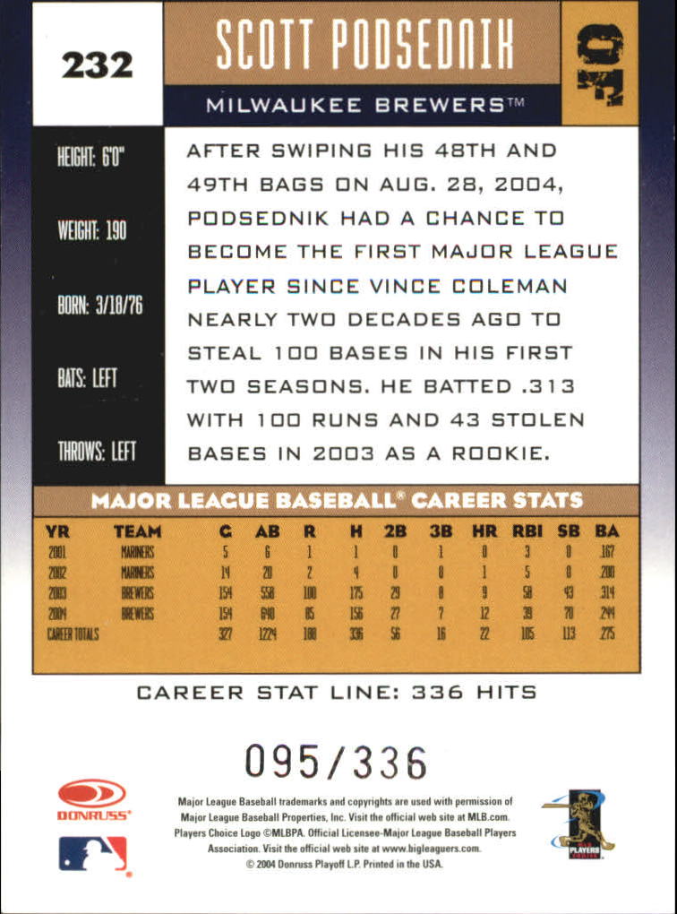 2005 Donruss Stat Line Career #232 Scott Podsednik/336 back image