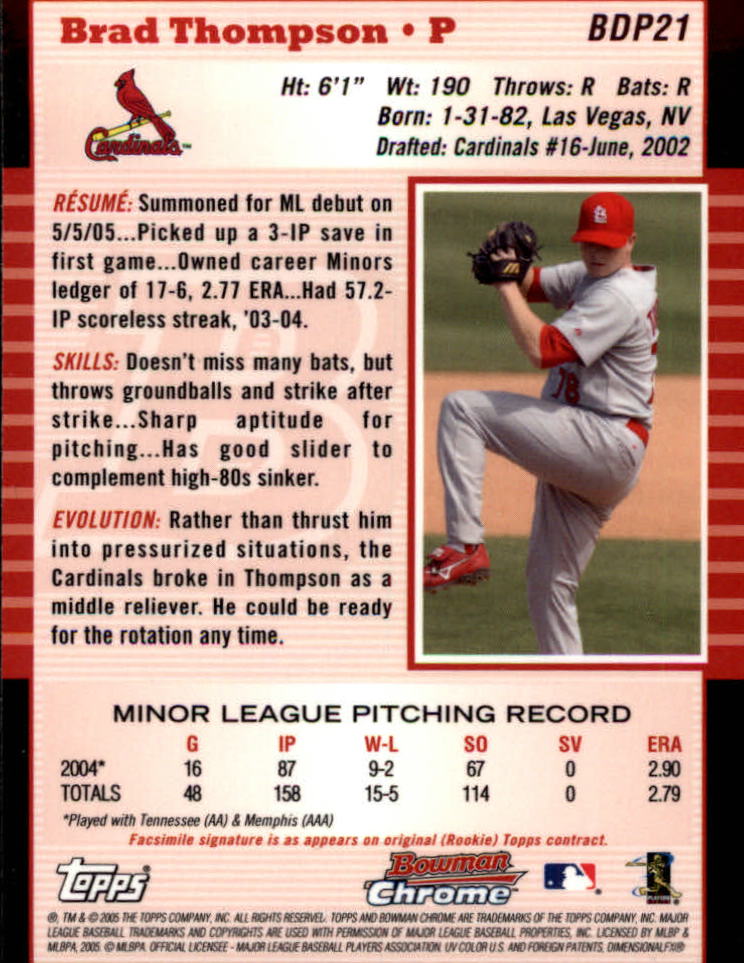 2005 Bowman Chrome Draft #BDP21 Brad Thompson back image