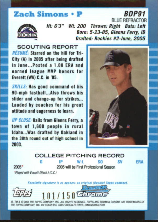 2005 Bowman Chrome Draft Blue Refractors #91 Zach Simons FY