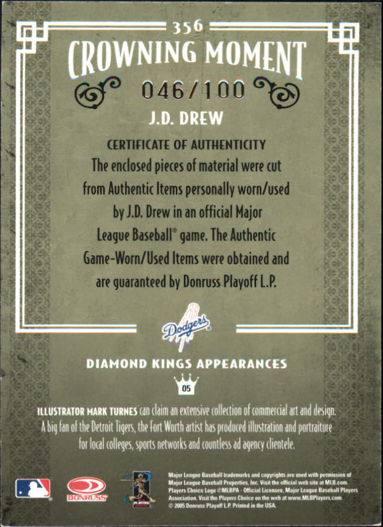 2005 Diamond Kings Materials Silver #356 J.D. Drew Bat-Bat/100 back image