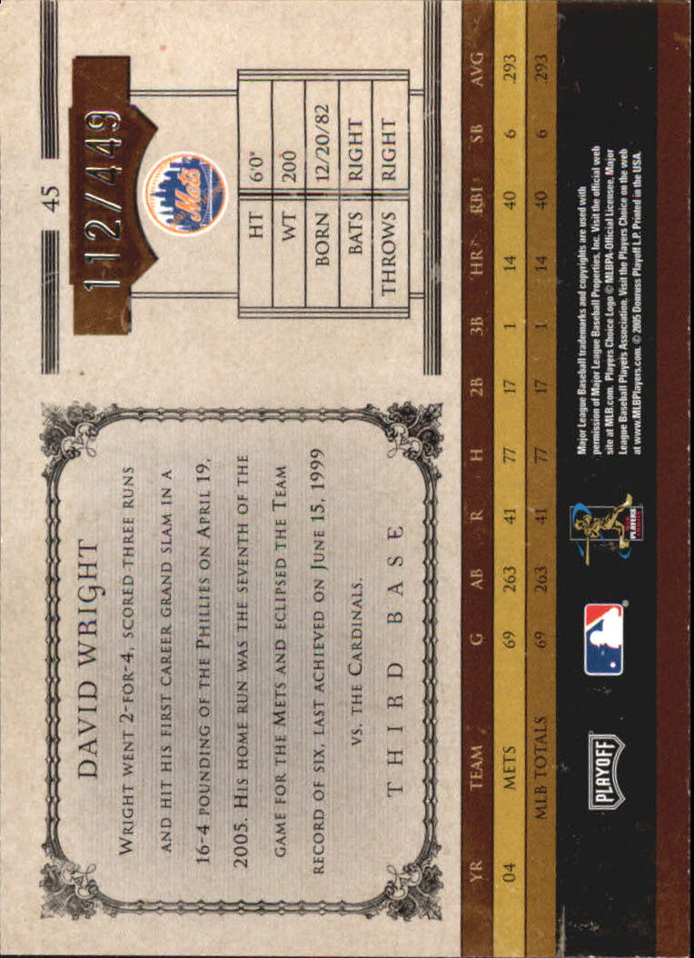 2005 Prime Cuts #45 David Wright/449 back image