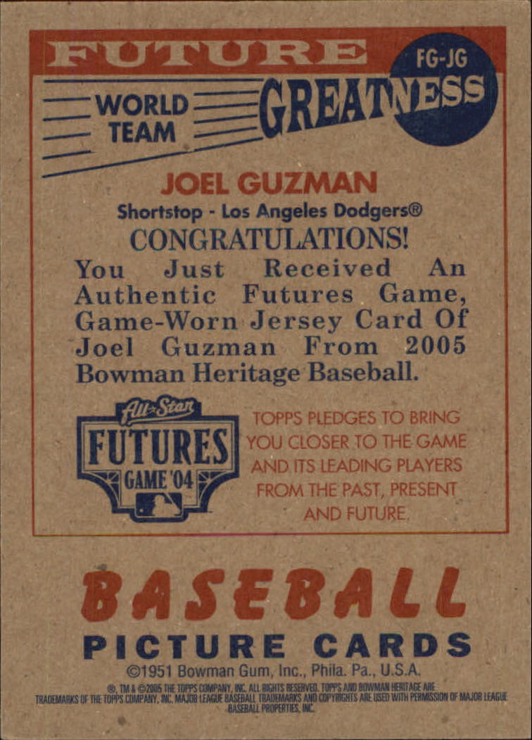 2005 Bowman Heritage Future Greatness Jersey Relics #JG Joel Guzman E back image
