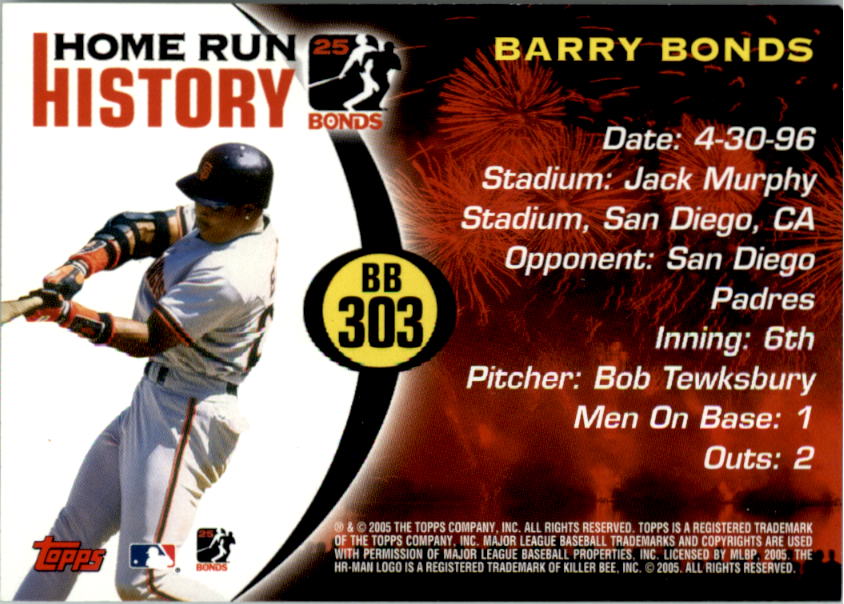 2005 Topps Barry Bonds Home Run History #303 Barry Bonds HR303 back image