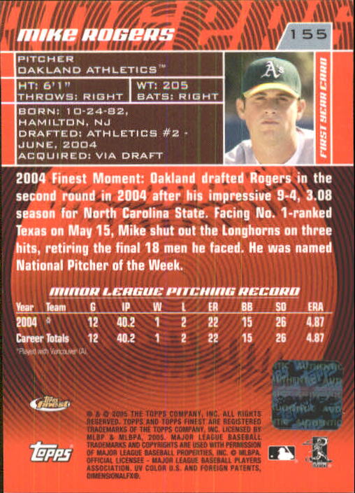 2005 Finest #155 Mike Rogers AU/970 RC back image