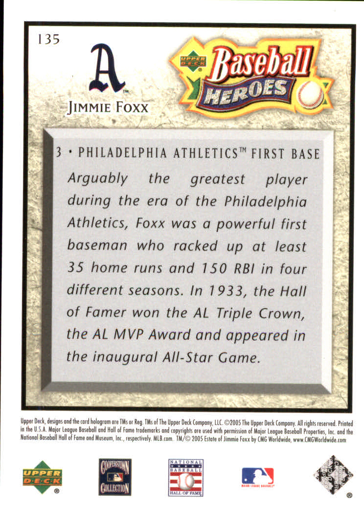 2005 Upper Deck Baseball Heroes #135 Jimmie Foxx HDR A's back image