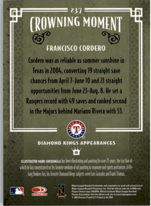 2005 Diamond Kings #237 Francisco Cordero back image
