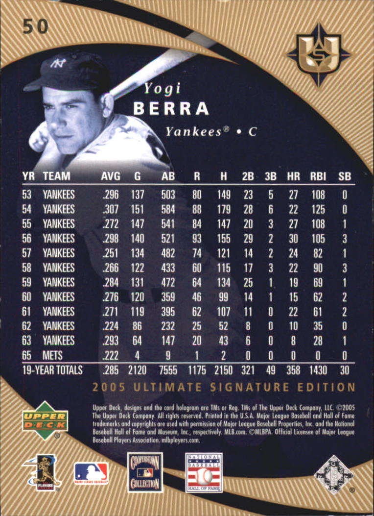 有关以下物品的详细资料: 2005 ultimate signature #50 yogi berra