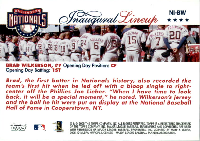 2005 Topps Update Washington Nationals Inaugural Lineup #BW Brad Wilkerson back image