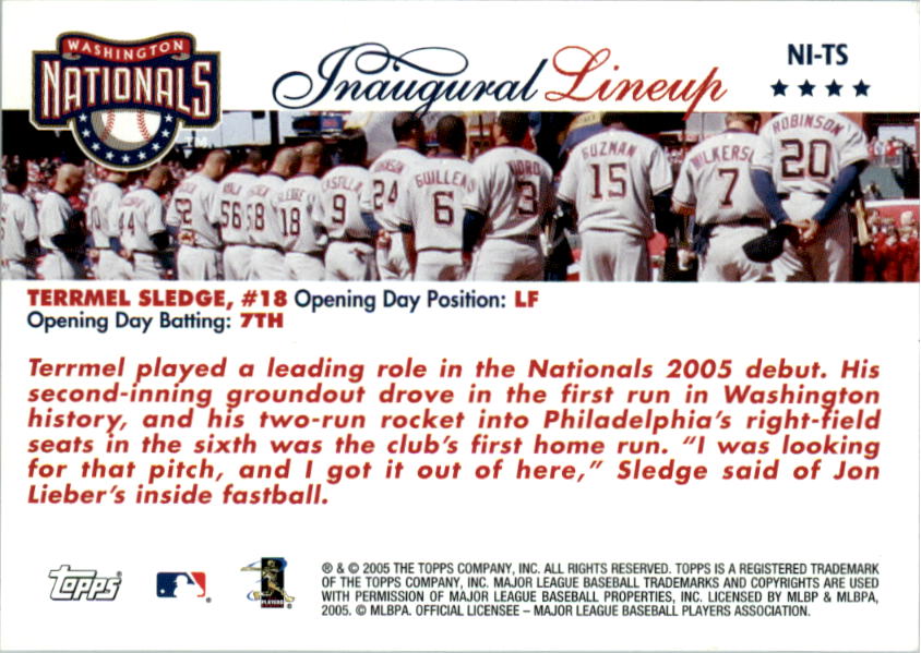 2005 Topps Update Washington Nationals Inaugural Lineup #TS Terrmel Sledge back image