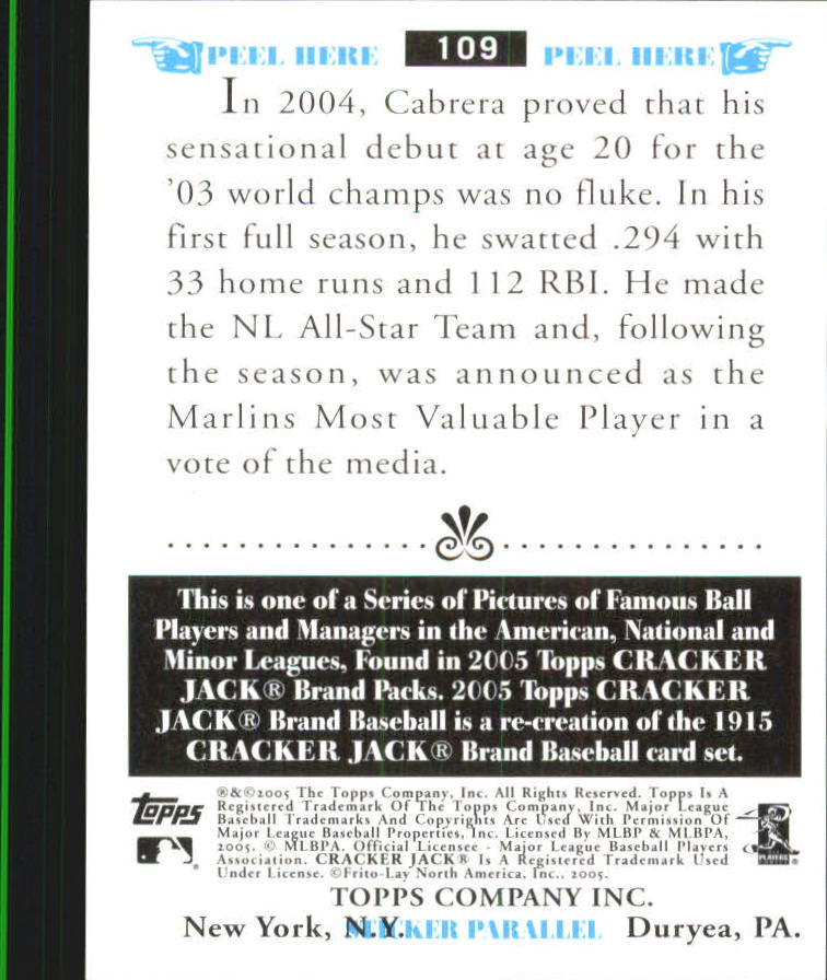 2005 Topps Cracker Jack Mini Stickers #109 Miguel Cabrera back image