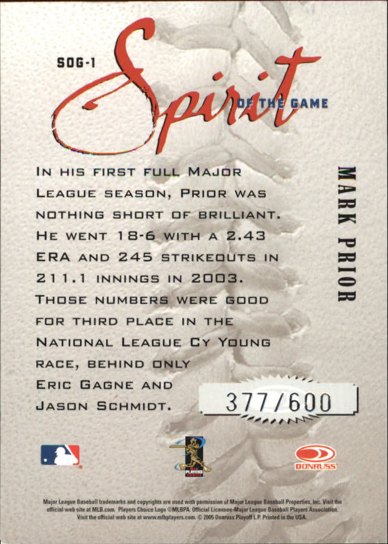 2005 Studio Spirit of the Game #1 Mark Prior back image
