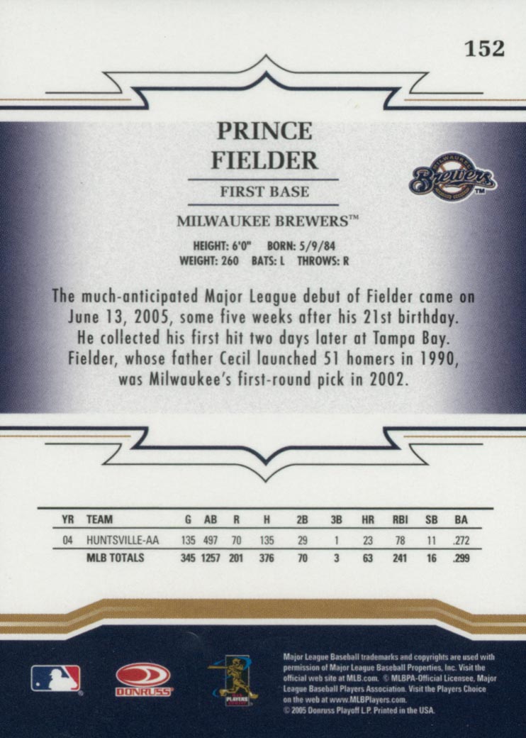 2005 Throwback Threads #152 Prince Fielder RC back image