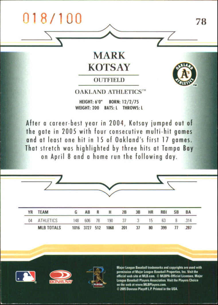 2005 Throwback Threads Gold Century Proof #78 Mark Kotsay back image