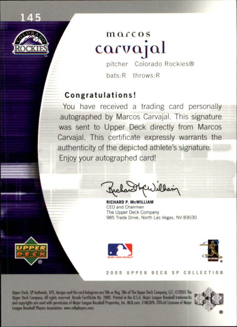 2005 SP Authentic #145 Marcos Carvajal AU RC back image